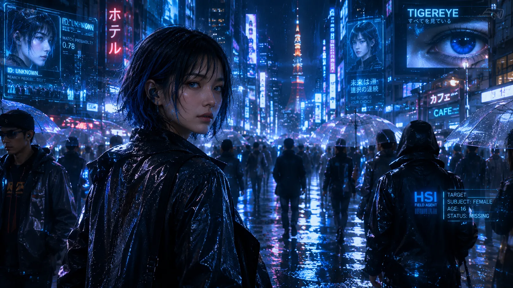 Maria Sapphire looking back in the rain in the city