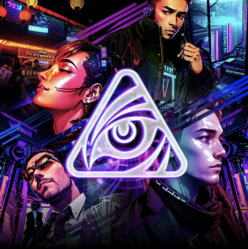 The FUTURE key visual, with the TIGEREYE symbol at the center surrounded by a neon-lit futuristic city and people