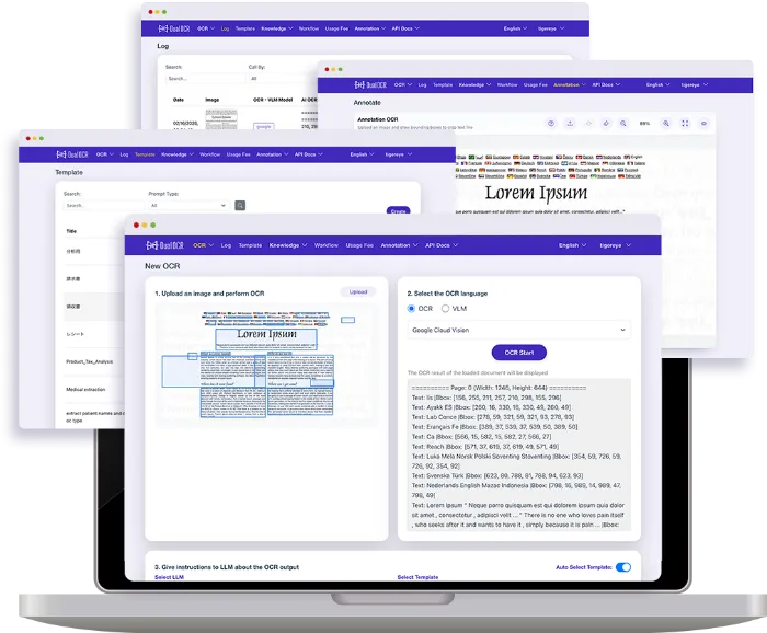 Dual OCR screens for reading, annotations, logs, and starting a new reading