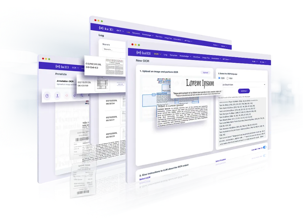 The Dual OCR screen, where you upload document images, read them, and check the results side by side
