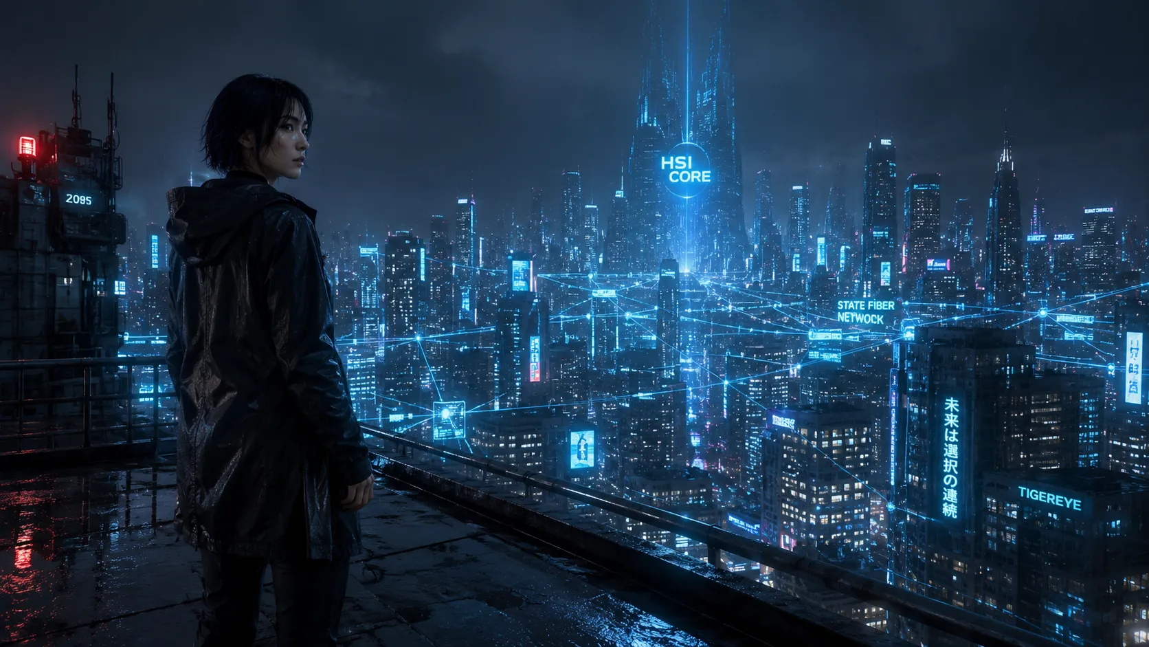 Maria Sapphire looking down over the towering city of Tokyo in 2095 on a rainy night