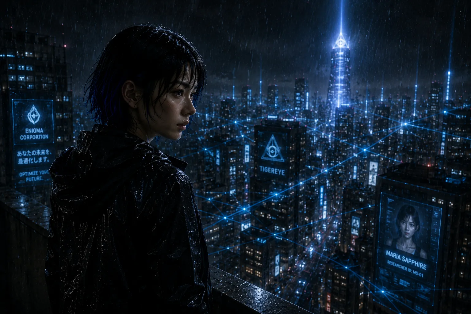 The towering city of Tokyo in 2095, drenched in rain