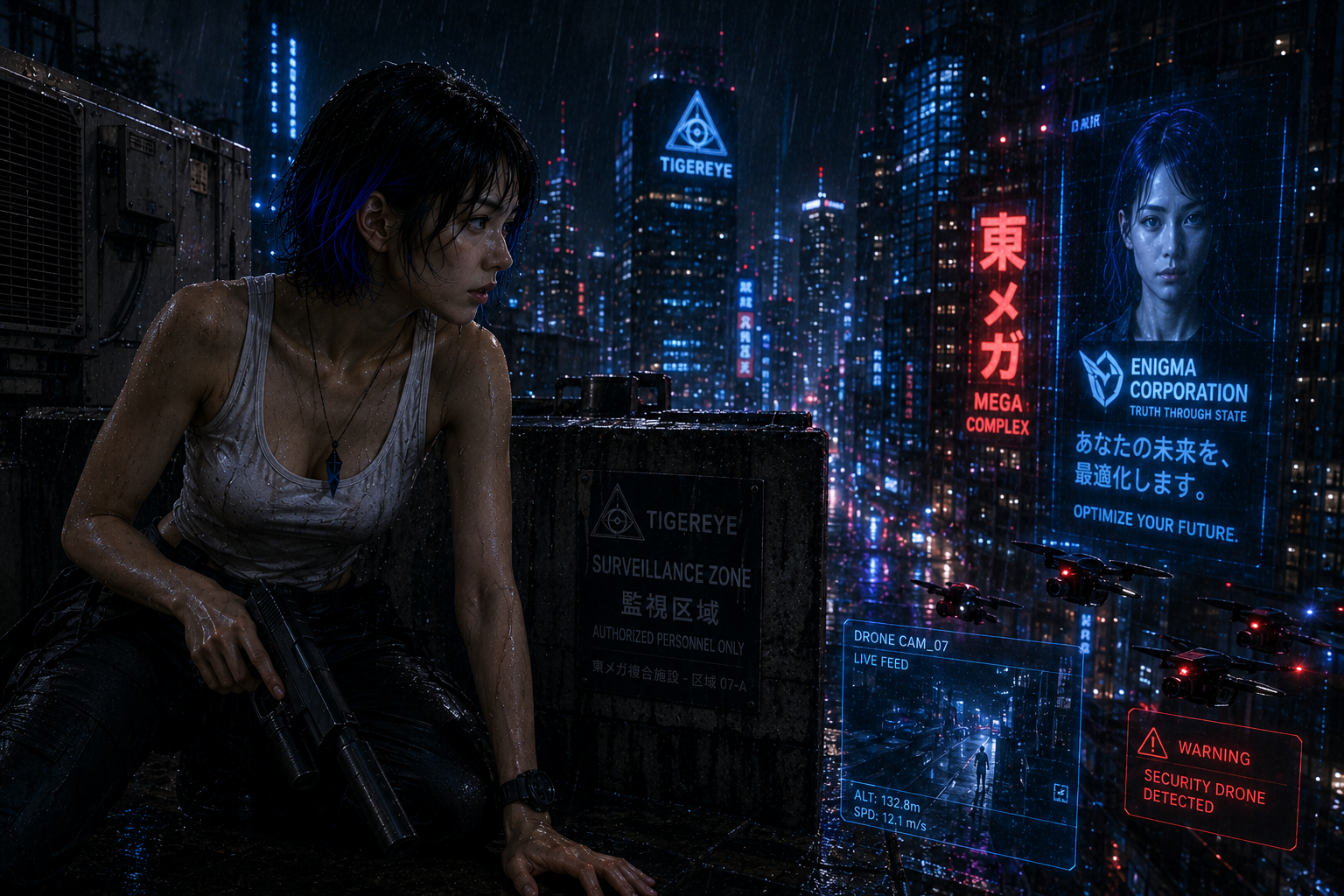 雨の屋上で追跡を逃れるマリア