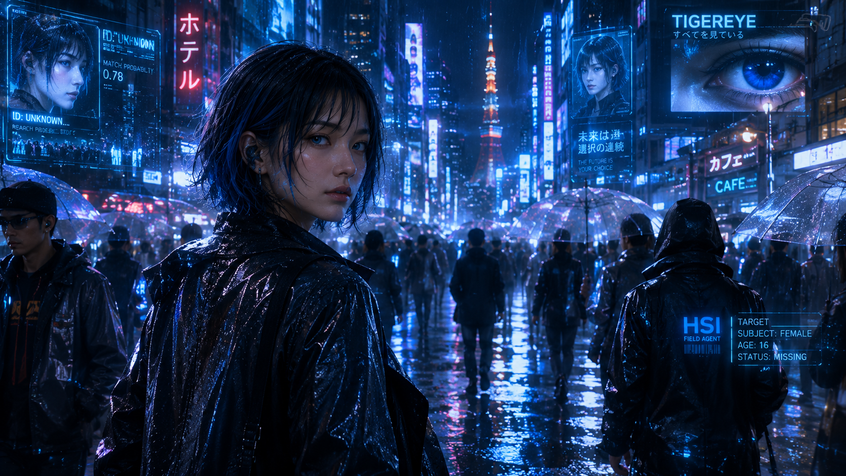 都市の雨の中で振り返るマリア・サファイア