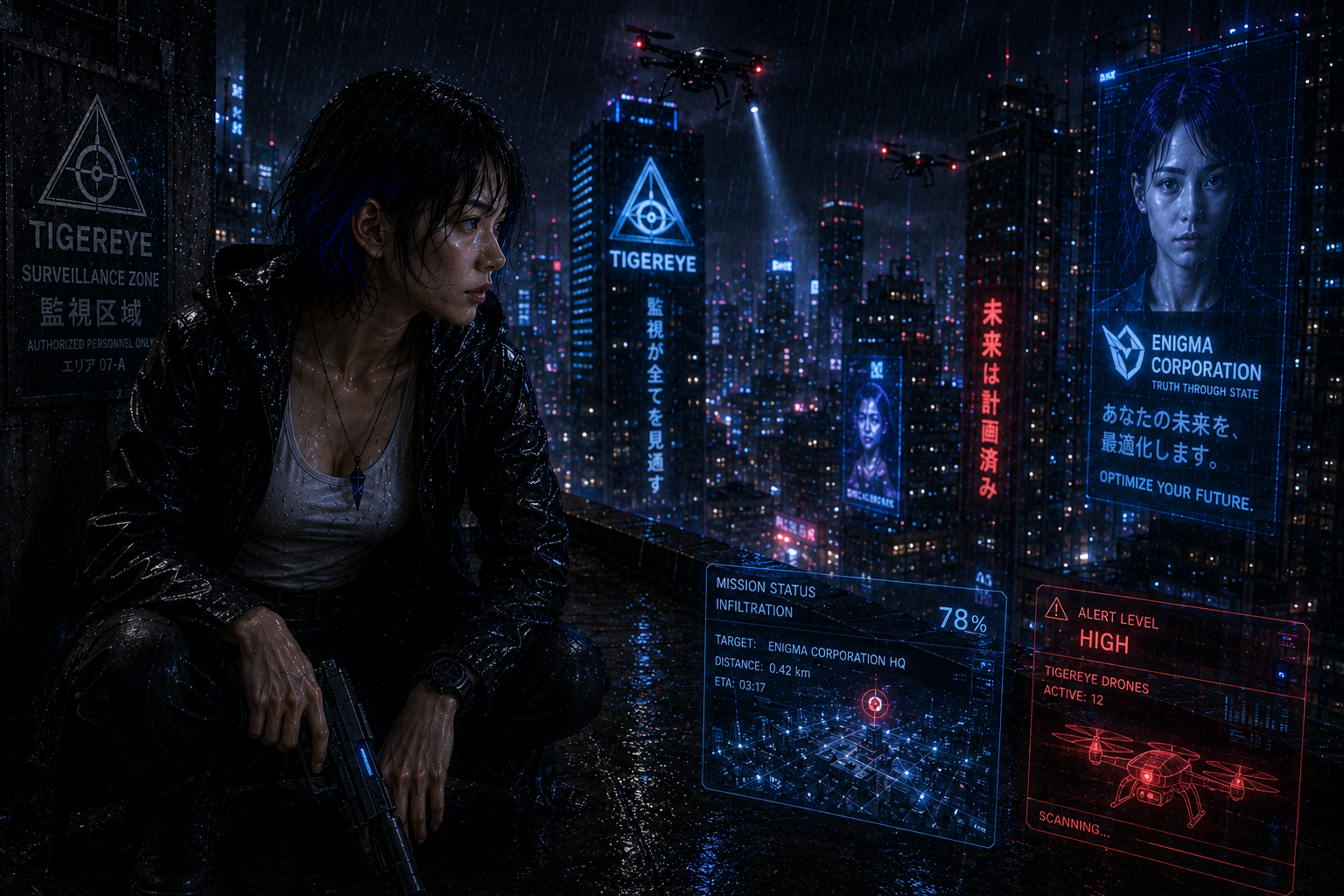 雨の未来都市を歩くマリア・サファイア